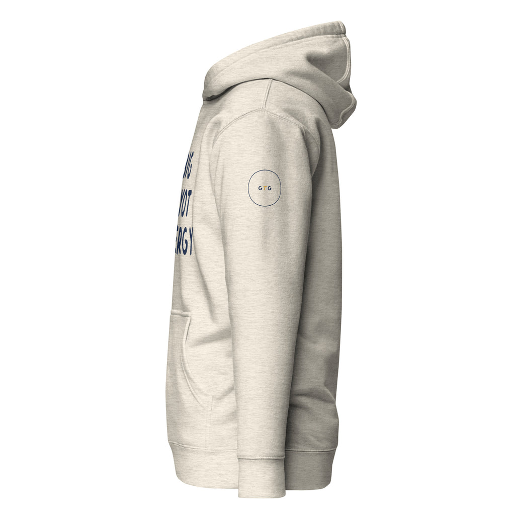 GTG Big Payot Energy hoodie in Oatmeal Heather with navy print, detail view 2