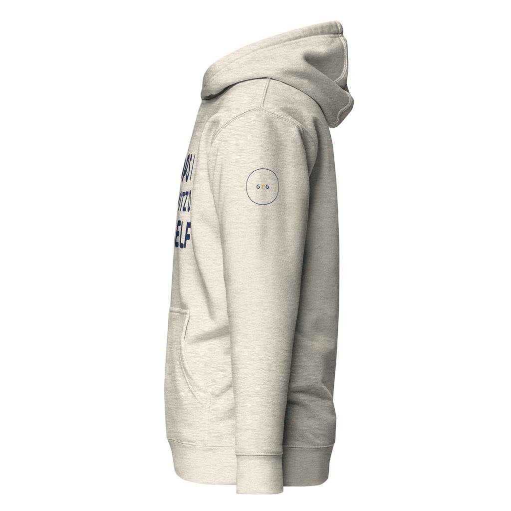 GTG Oops I Schvitz'd Myself hoodie in Oatmeal Heather with navy print, detail view 2