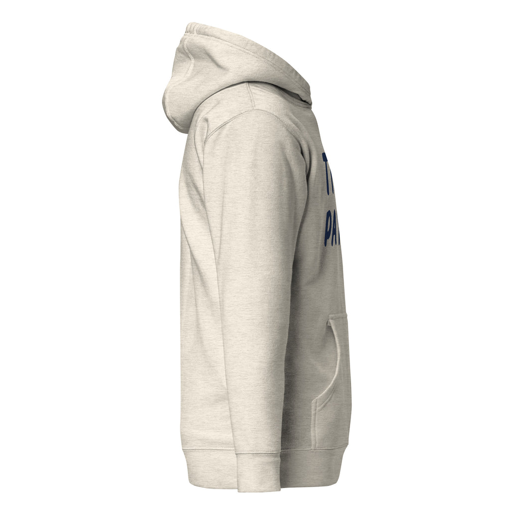 GTG Tiny Payot hoodie in Oatmeal Heather with navy print, back view