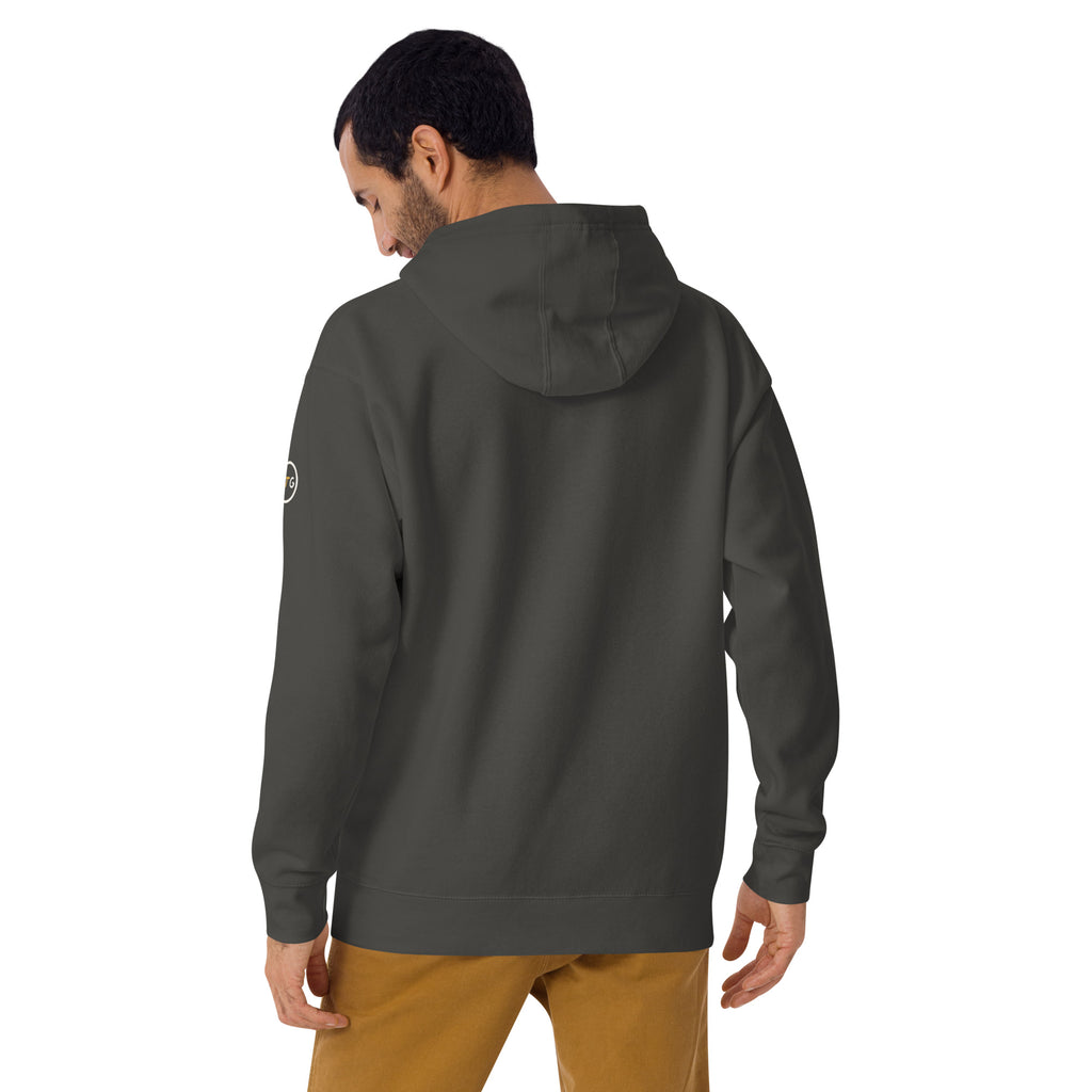 Model wearing the Good Thank God Hometown Hebrew hoodie in Vintage Black, back view