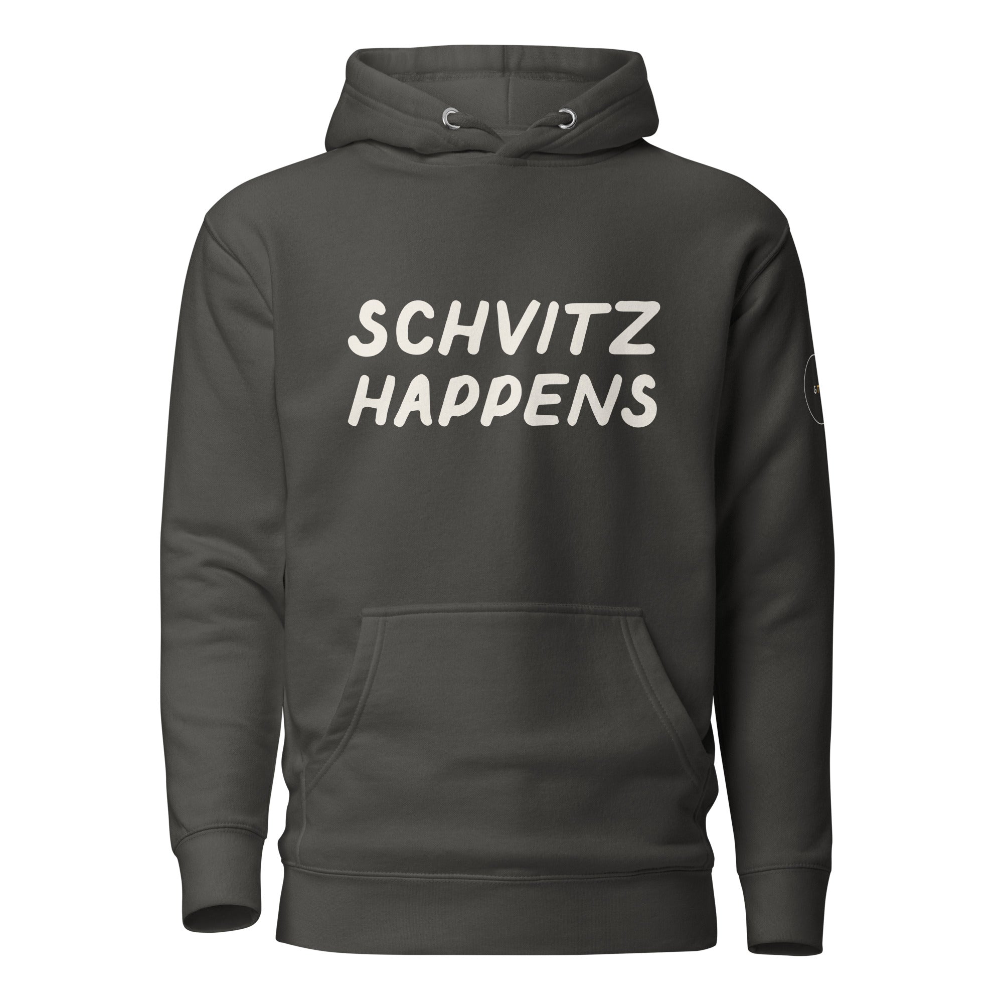 GTG Schvitz Happens hoodie in Vintage Black with navy print, front view