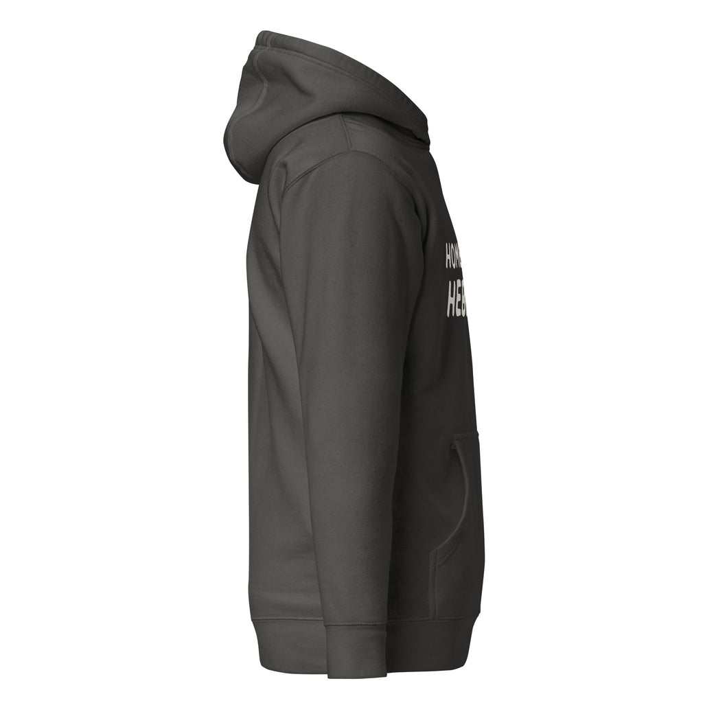 GTG Hometown Hebrew hoodie in Vintage Black with navy print, back view