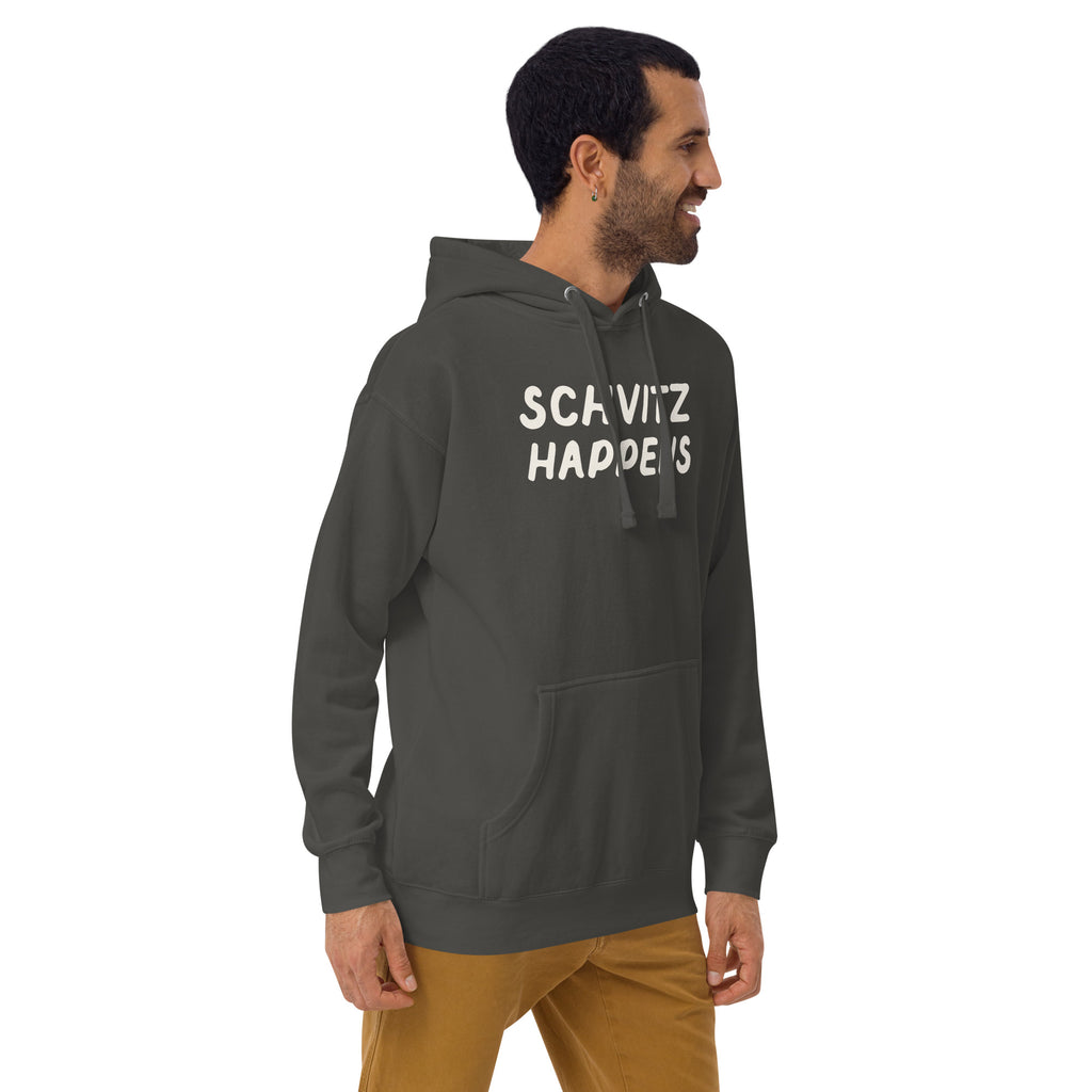 Model wearing the Good Thank God Schvitz Happens hoodie in Vintage Black, right front view
