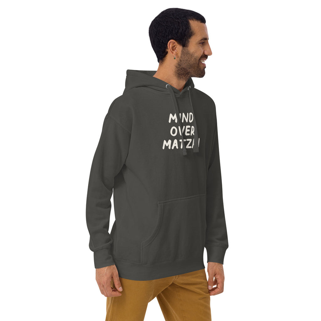 Model wearing the Good Thank God Mind Over Matzah hoodie in Vintage Black, right front view