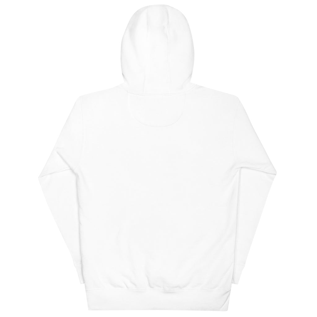 GTG Resting Bubbe Face hoodie in White with navy print, back view