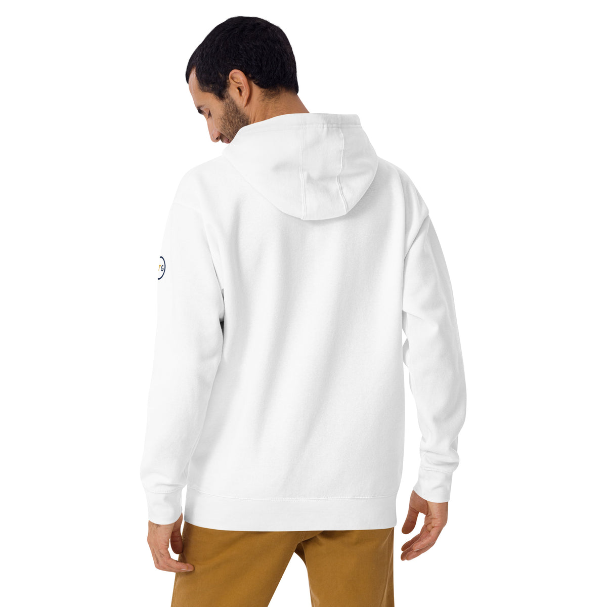 Model wearing the Good Thank God Mama's Matzah hoodie in White, back view