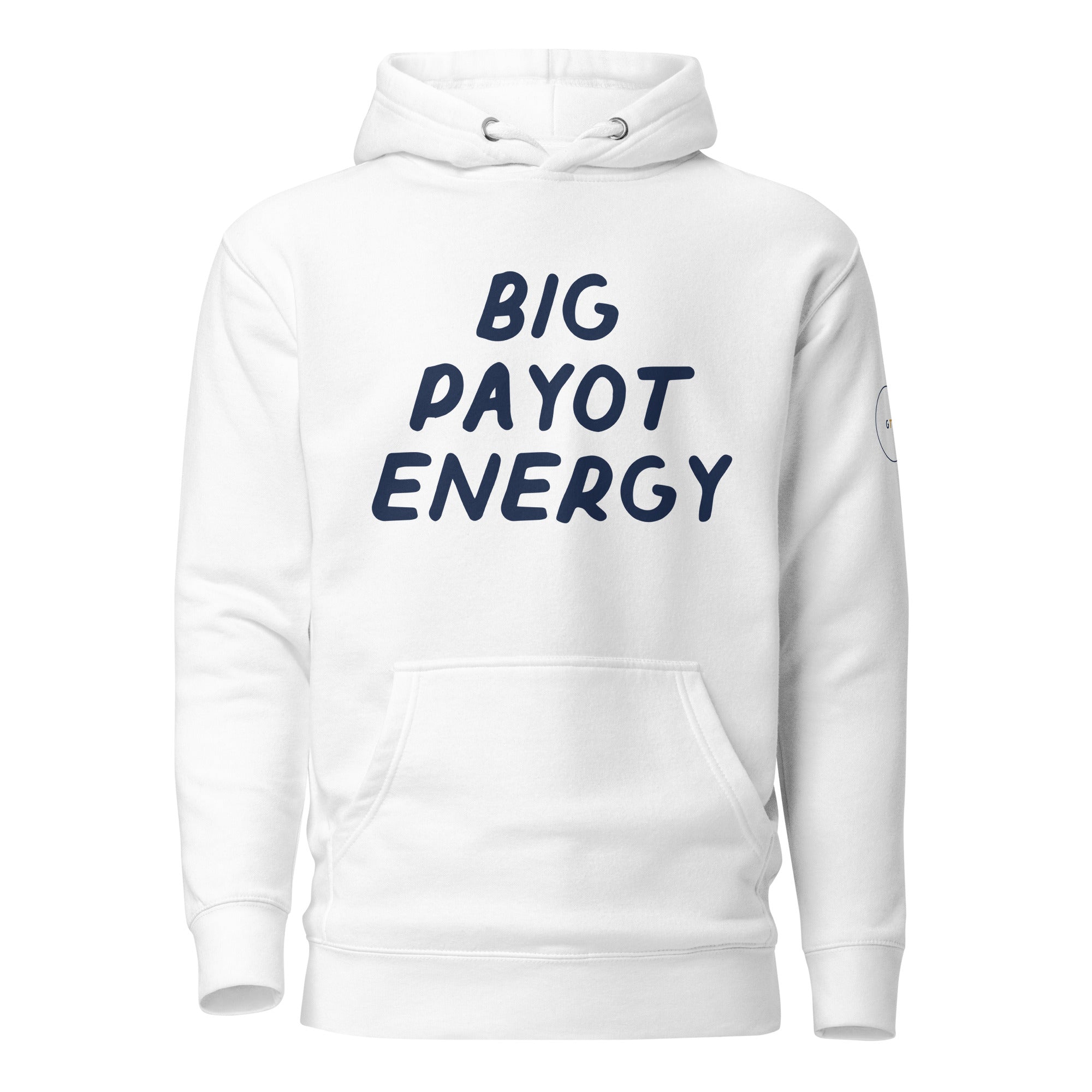 GTG Big Payot Energy hoodie in White with navy print, front view