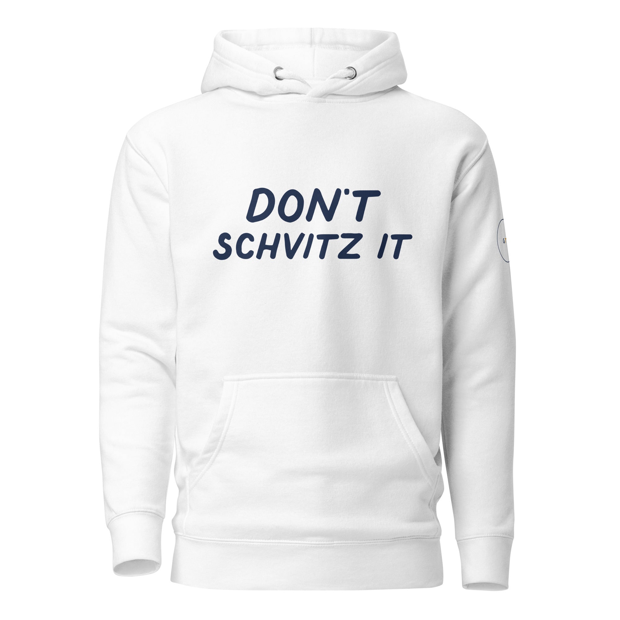 GTG Don't Schvitz It hoodie in White with navy print, front view