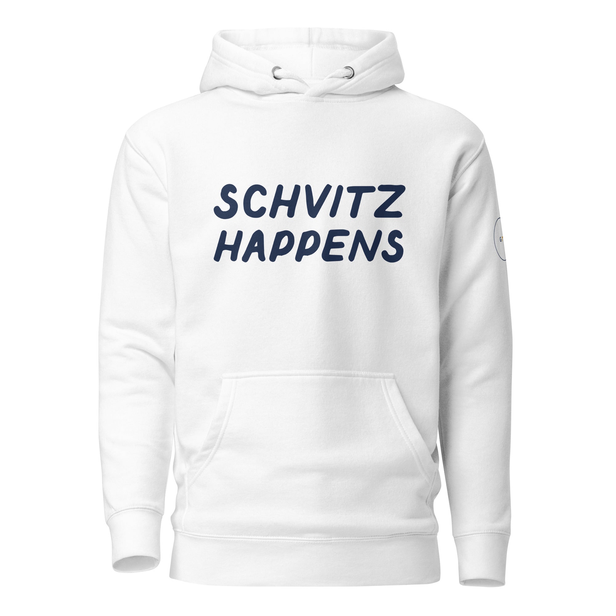 GTG Schvitz Happens hoodie in White with navy print, front view