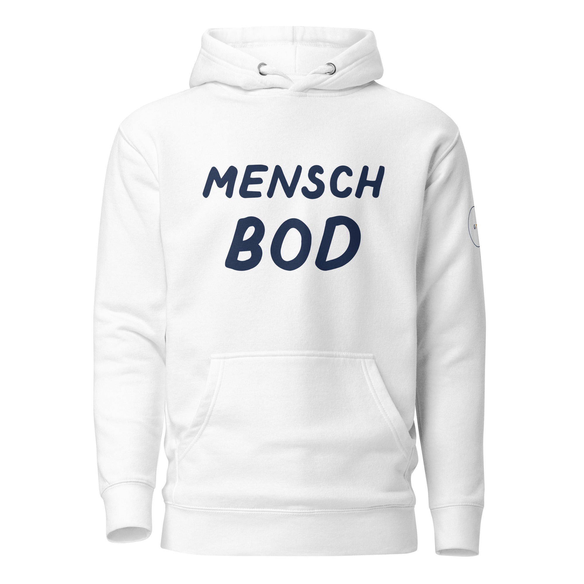 GTG Mensch Bod hoodie in White with navy print, front view