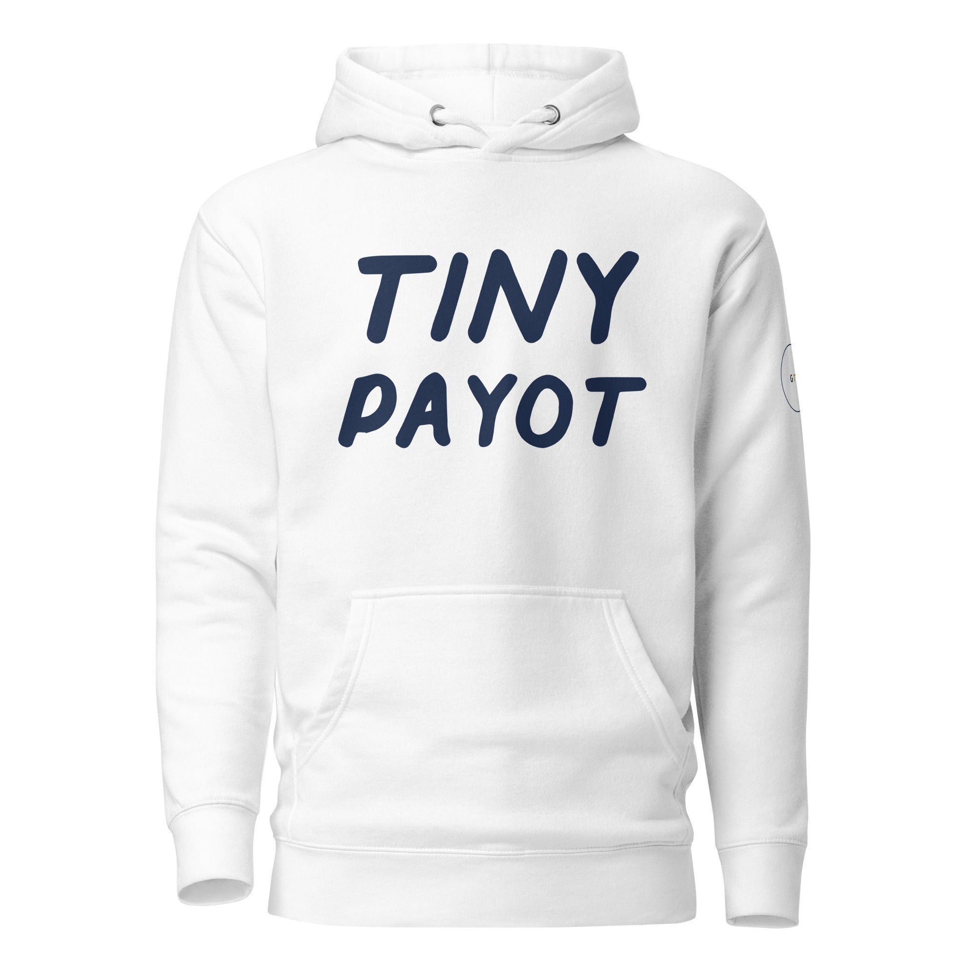 GTG Tiny Payot hoodie in White with navy print, front view