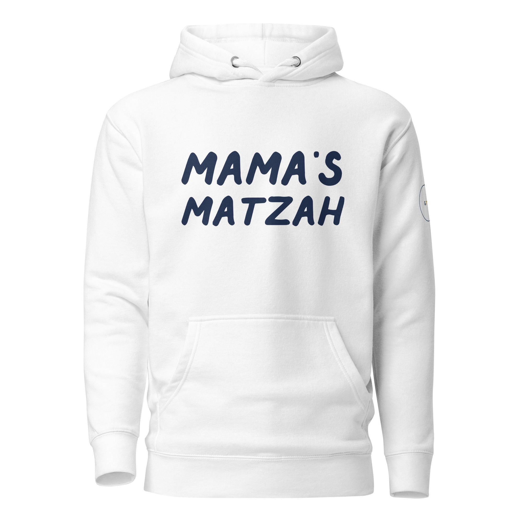 GTG Mama's Matzah hoodie in White with navy print, front view