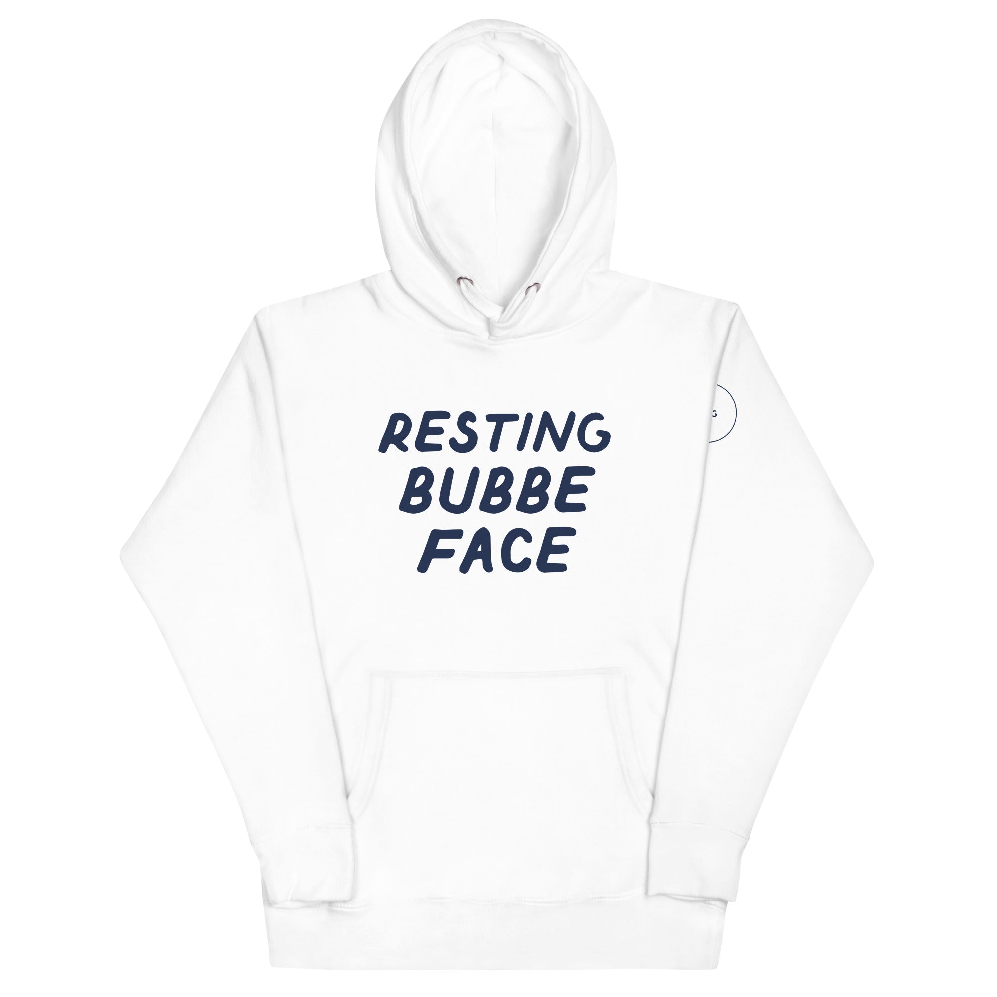 GTG Resting Bubbe Face hoodie in White with navy print, front view