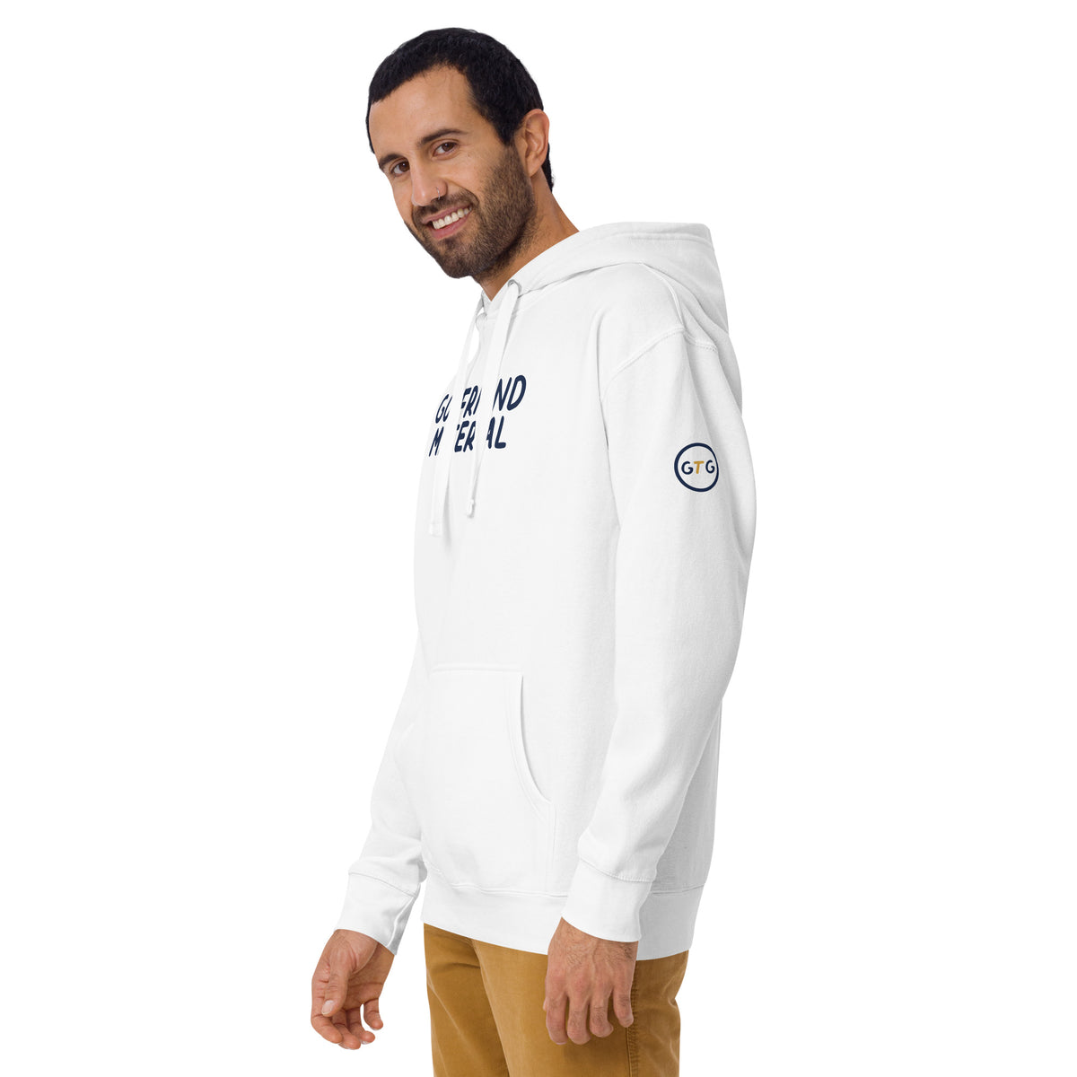 Model wearing the Good Thank God Goyfriend Material hoodie in White, left front view showing the GTG sleeve badge