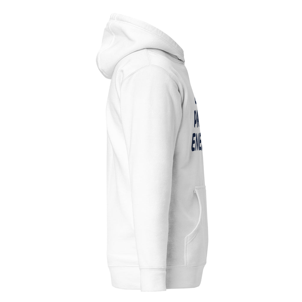 GTG Big Payot Energy hoodie in White with navy print, back view