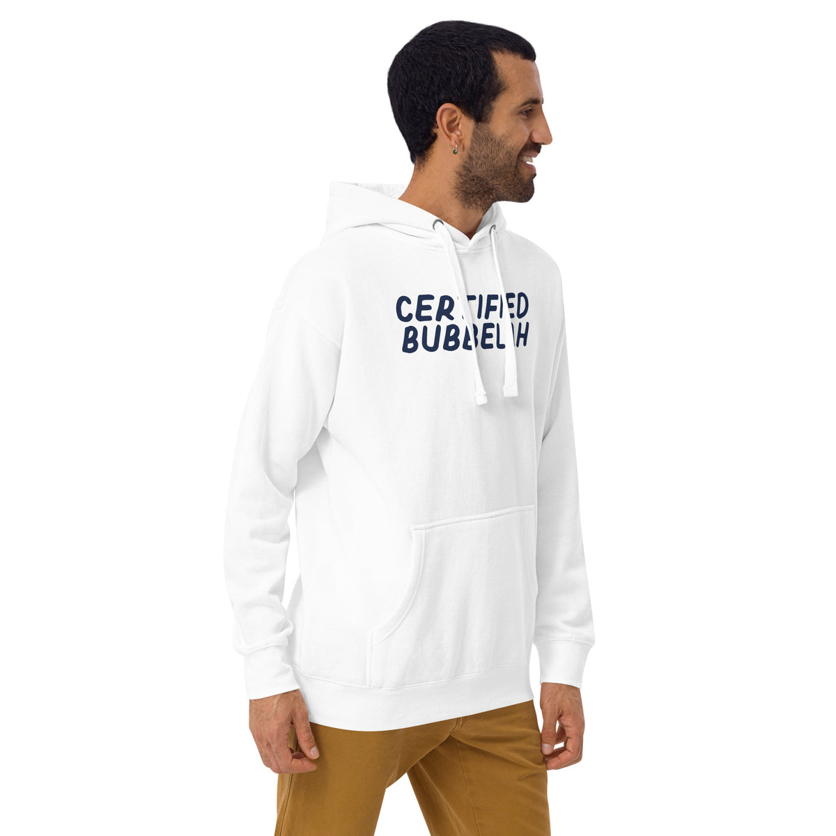 Model wearing the Good Thank God Certified Bubbelah hoodie in White, right front view