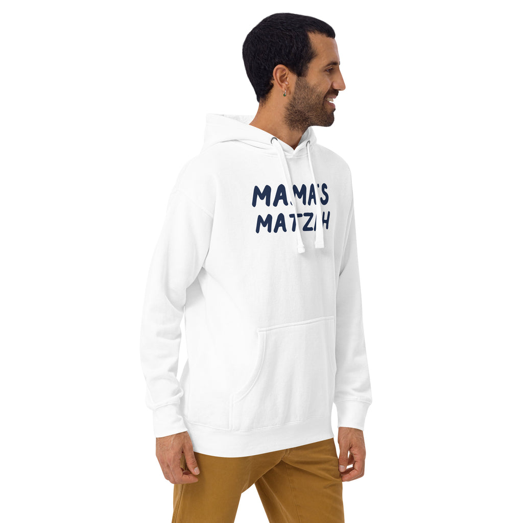 Model wearing the Good Thank God Mama's Matzah hoodie in White, right front view